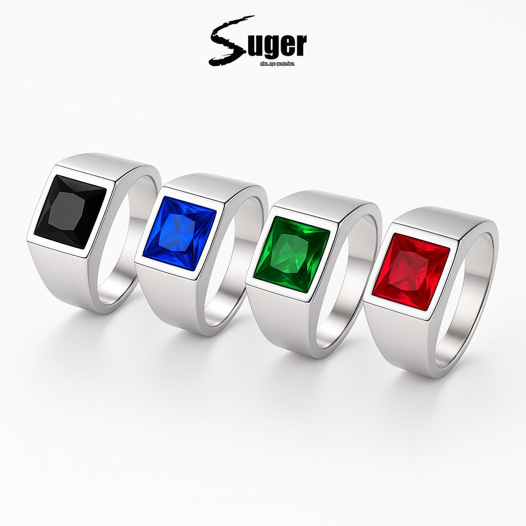 Anel Masculino em Aço Inoxidável 316L 💎 Pedra Quadrada Colorida - Estilo Moderno e Elegante