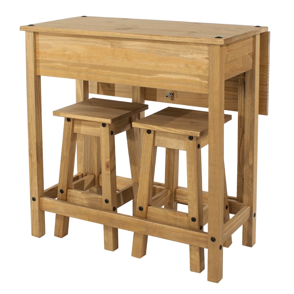 Mesa Dobrável e 2 Banquetas de Madeira Maciça Marrom Antique - CRTBSET4