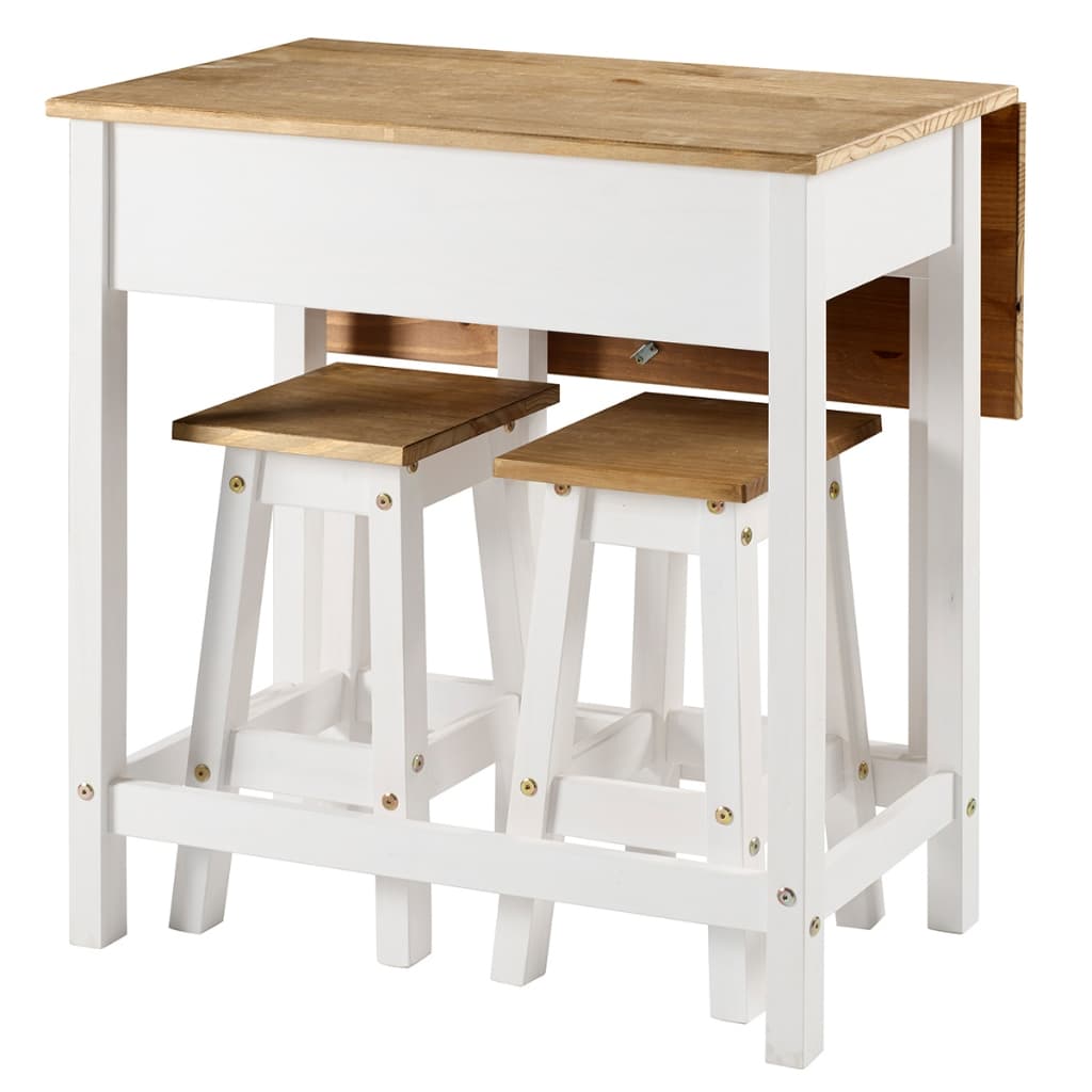 Mesa Dobrável e 2 Banquetas de Madeira Branco Lavado - CRWTBSET4