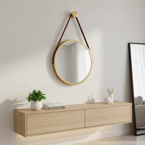 Espelho Redondo Adnet Decorativo Suspenso com Alça 60cm + Suporte Dourado com Alça Caramelo