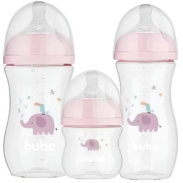 Kit 3 Mamadeira Easy Flow Elefante Rosa 120ml, 270ml e 330ml - Buba