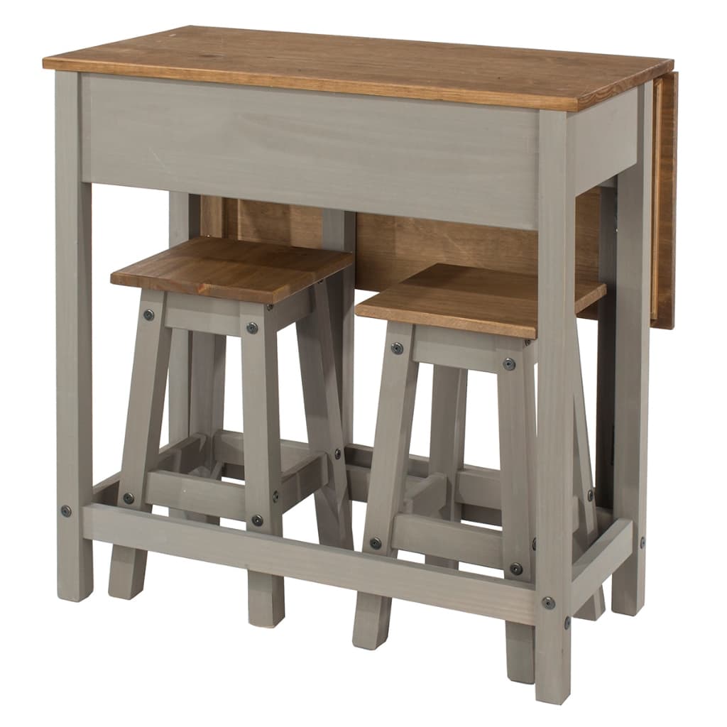 Mesa Dobrável e 2 Banquetas de Madeira Maciça Cinza Lavado - CRGTBSET4