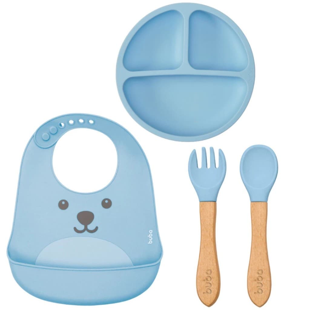 Kit Alimentação Buba 4 Peças – Prato | Babador com Estampa | Colher | Garfo | Silicone