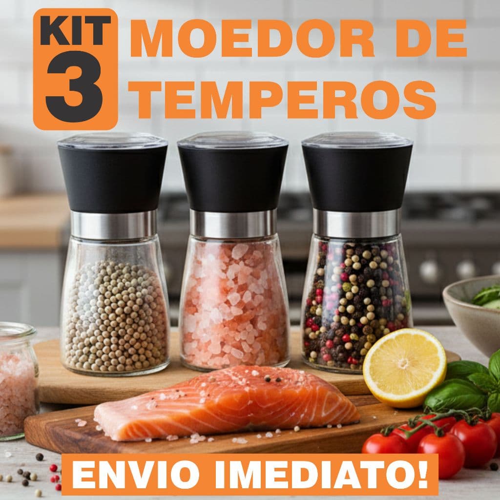 Kit Moedor de Temperos Manual Inox e Vidro com Regulador de Moagem Porta Condimentos