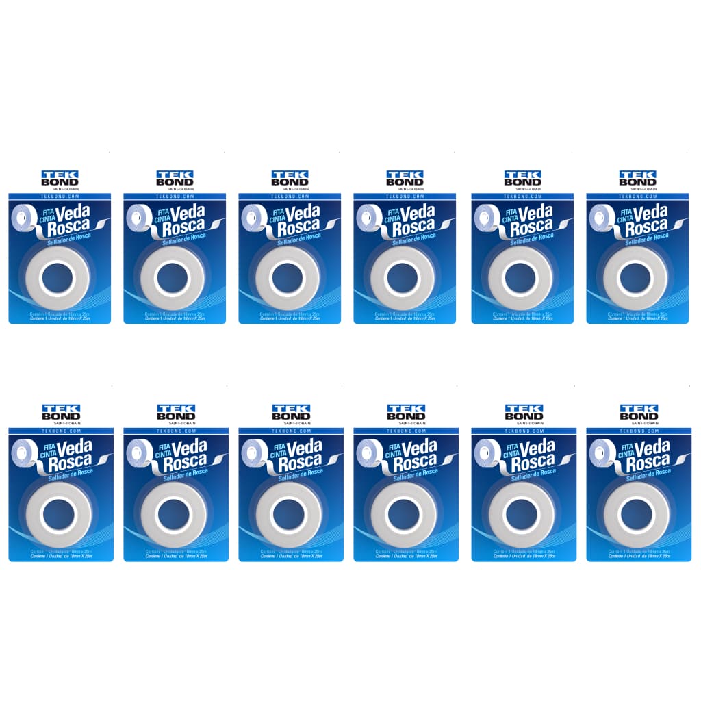 Kit 12 Fitas Veda Rosca Branca Teflon 25 Metros 18mm Tubos Conexões Tekbond