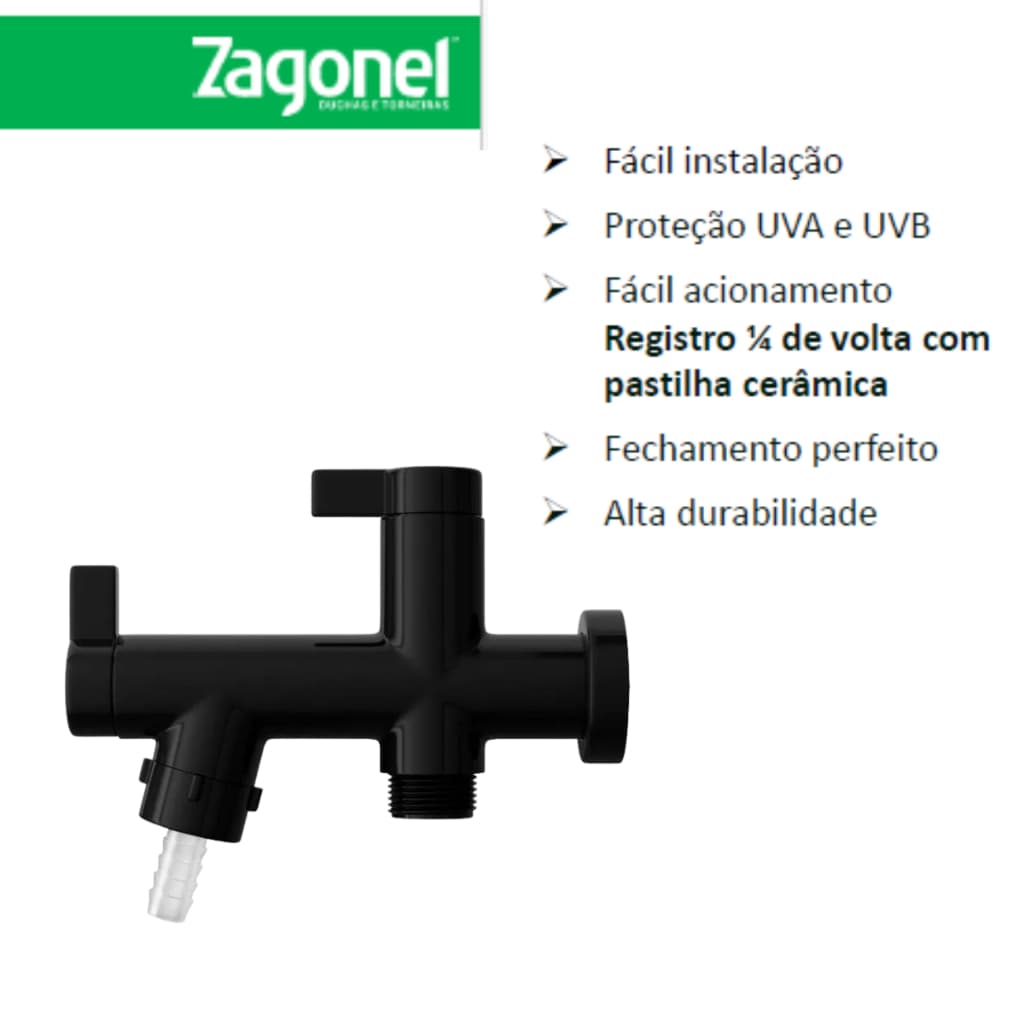 Torneira Zagonel Tanque e Máquina Preta – ABS, ¼-volta, Bica Fixa, Alta Durabilidade