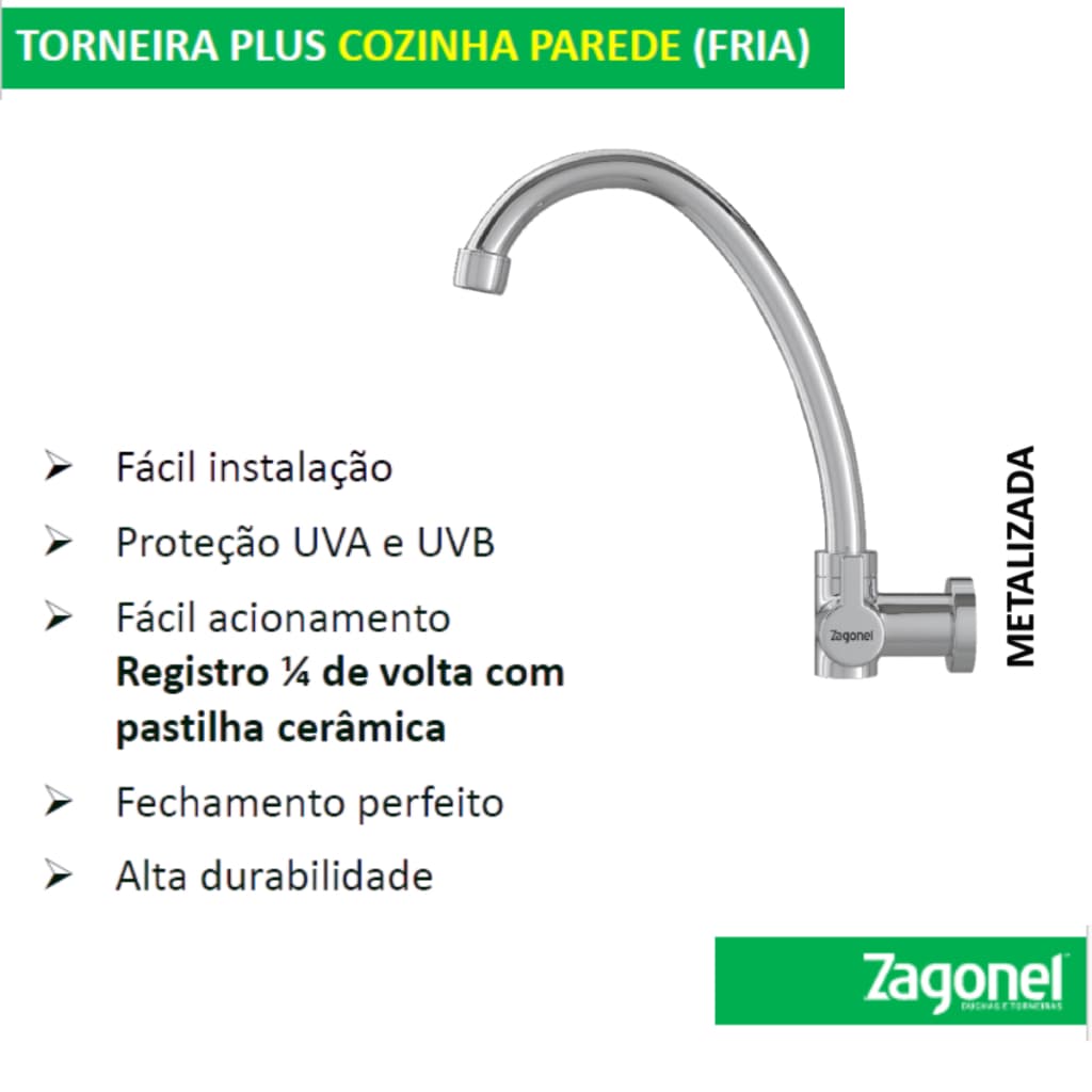 Torneira Zagonel Plus Cozinha Parede Metalizada Prata  ABS resistente, montagem simples, design moderno e funcional para