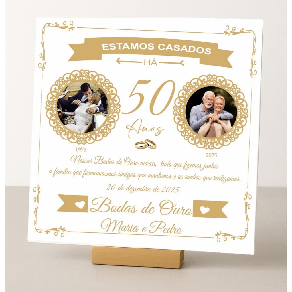 Azulejo Personalizado Bodas de Ouro com 2  Fotos- 50 anos de  Casados
