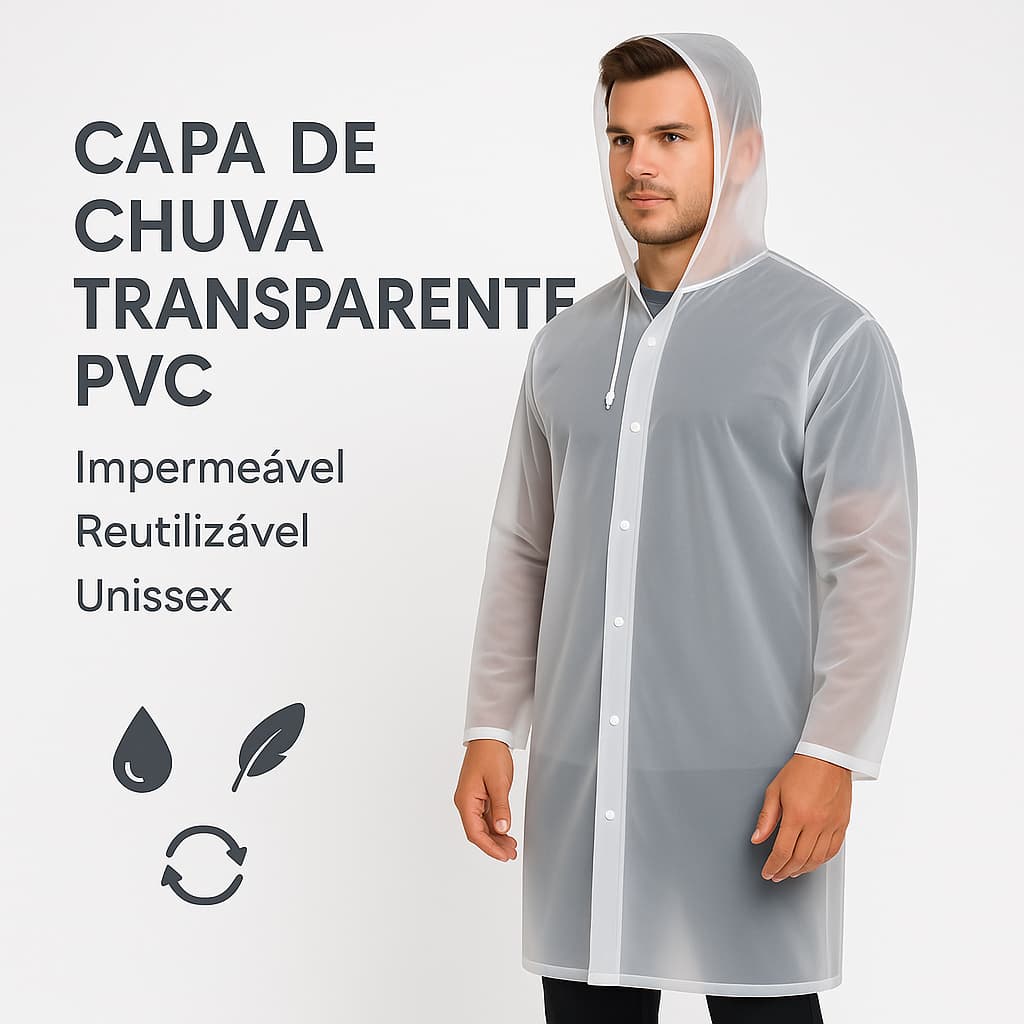 Capa de Chuva Transparente Reforçada Gabardina Grossa Longa Reutilizável Adulto e Infantil