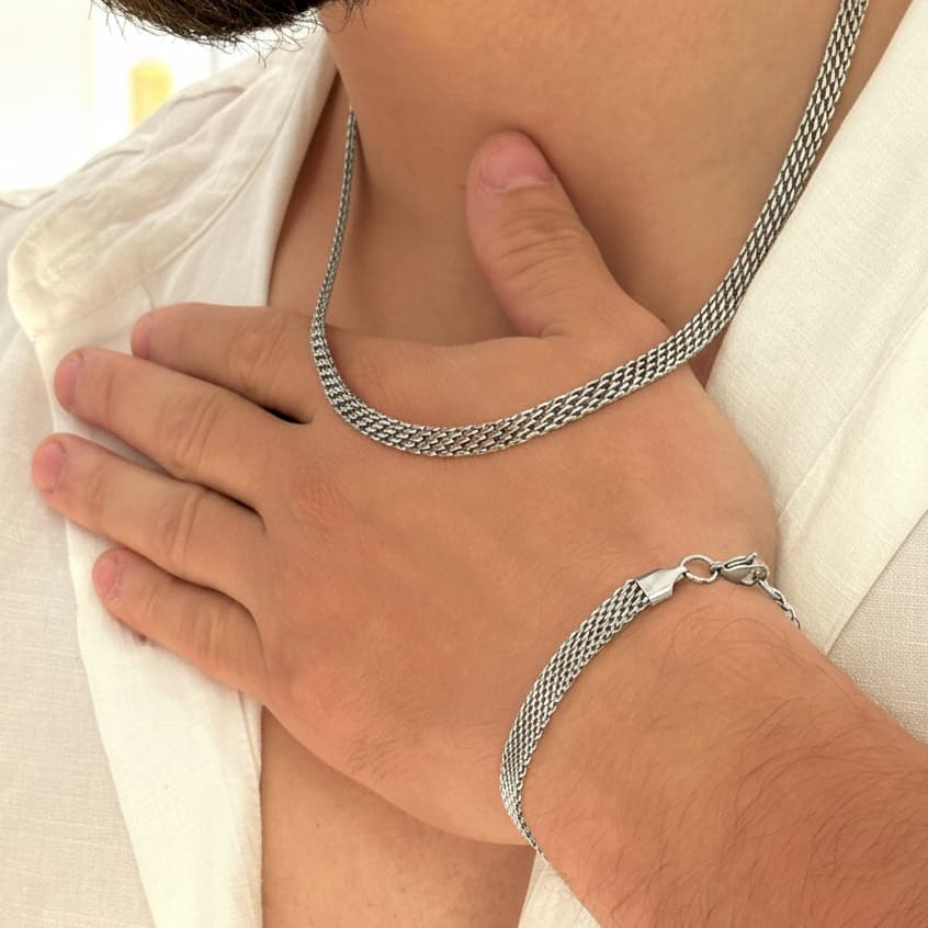 Kit Masculino Colar e Pulseira Aço Inoxidável malha Bismarck Dourado Prata Presente namorado marido