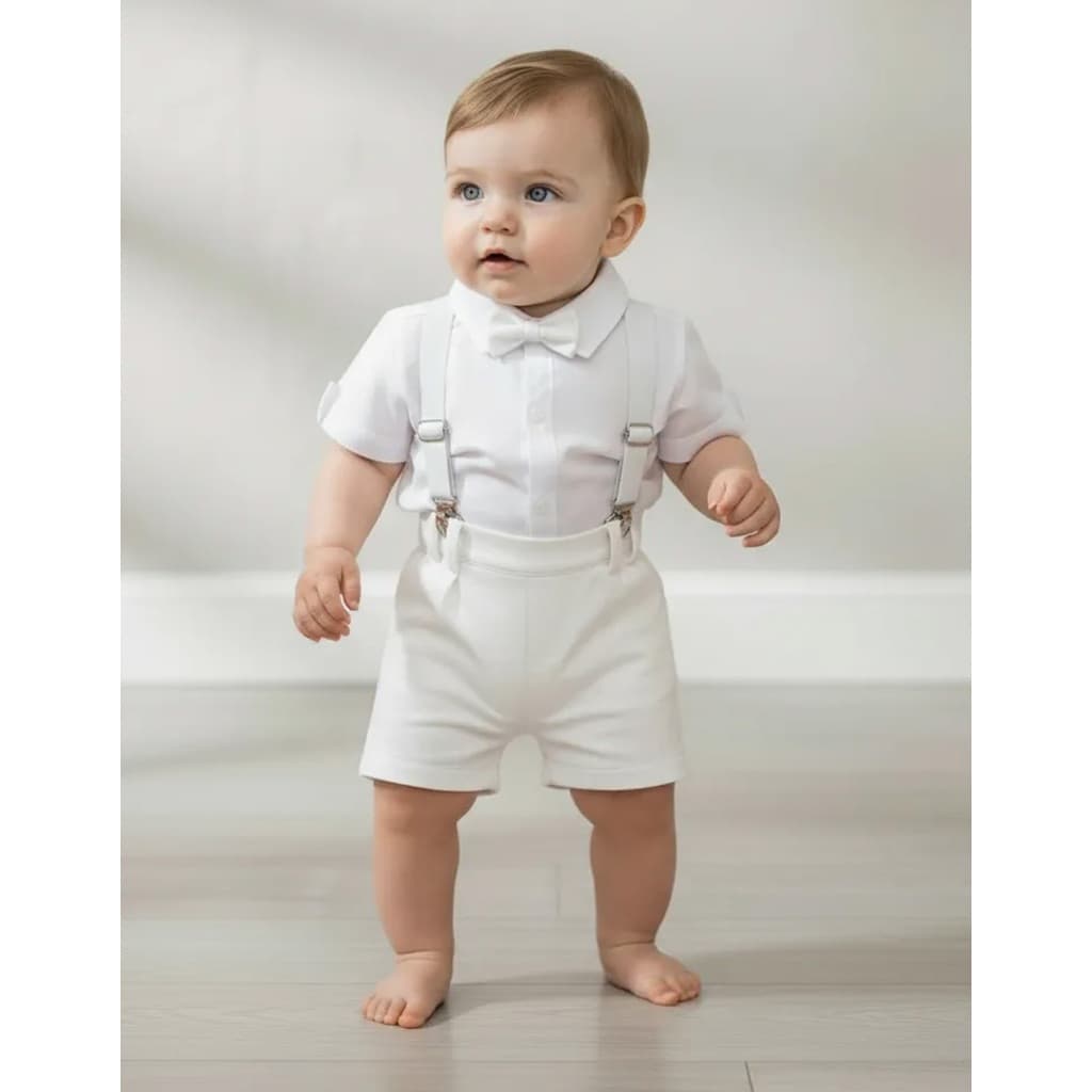 Kit Batizado 4 Peças - Camisa+Gravata+Bermuda+Suspensório | Menino Social Infantil Bebê Casamento