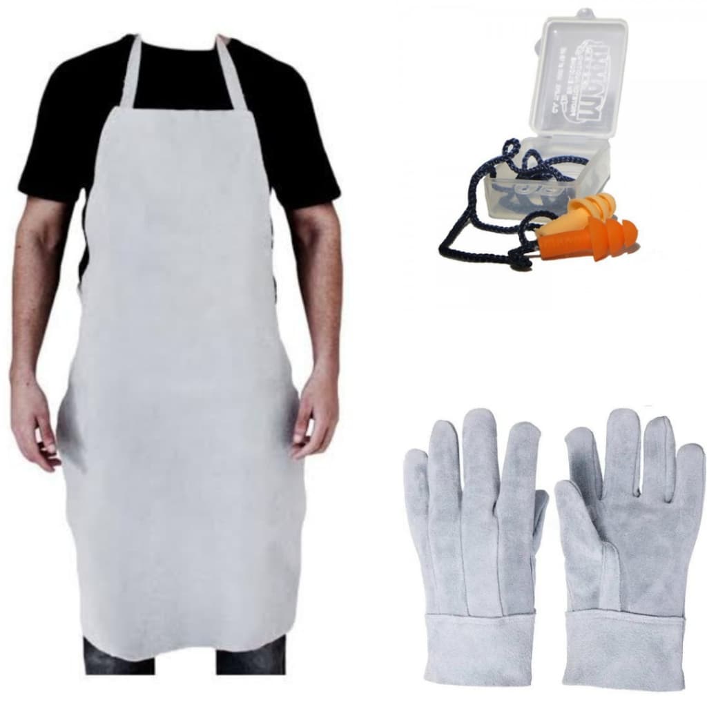 kit avental de raspa couro, luva de raspa e protetor auricular