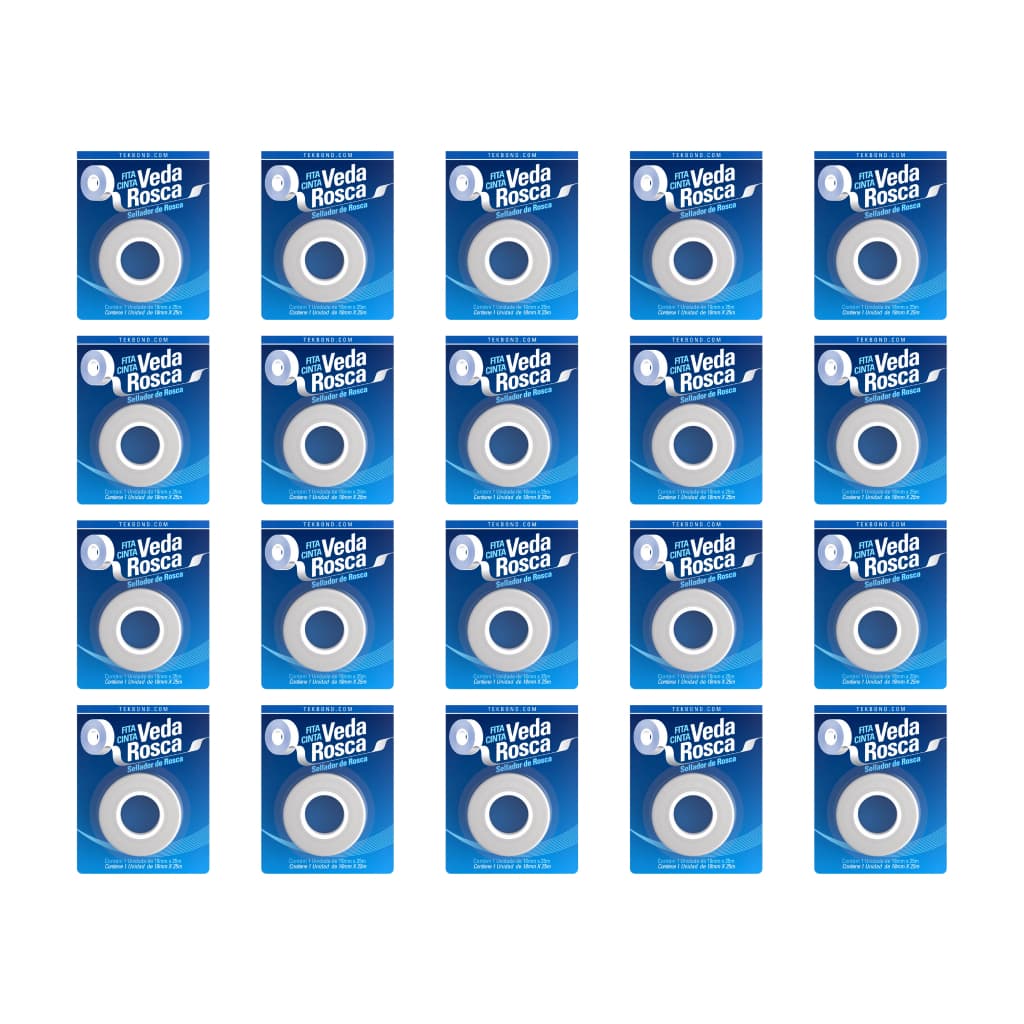 Kit 20 Fitas Veda Rosca Branca Tekbond Teflon 25 Metros 18mm Tubos Conexões Azul