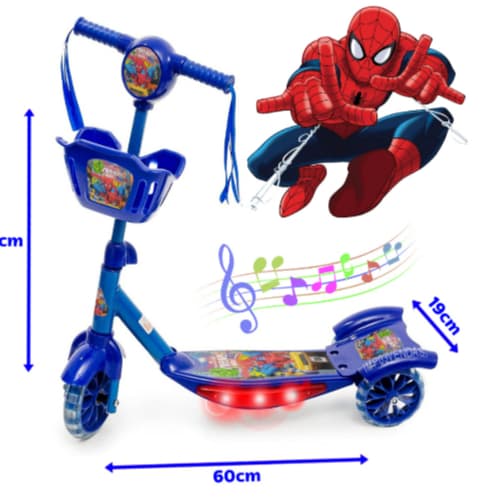 Patinete Infantil Azul Spiderman Menino Homem Aranha Ajustável 3 Rodas Cesta Música Luzes + Surpresa
