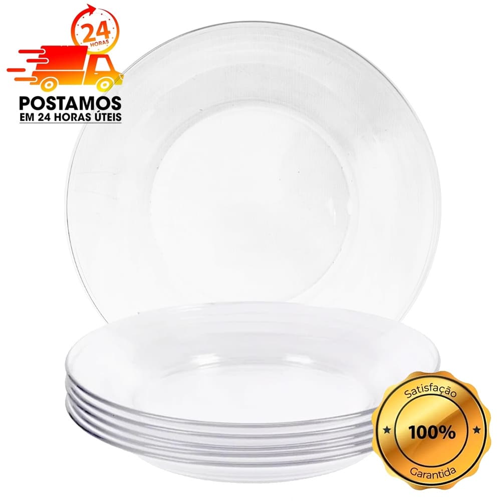 Conjunto Pratos Transparentes de Vidro  22cm Refeição Para Jantar e Almoço 4 / 8 ou 12 peças