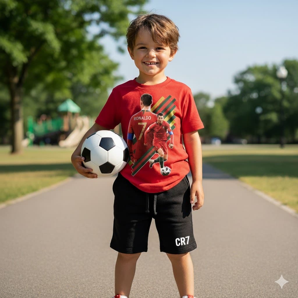 CONJUNTO INFANTIL CAMISETA E BERMUDA CR7 CRISTIANO + BOLA DE FUTEBOL