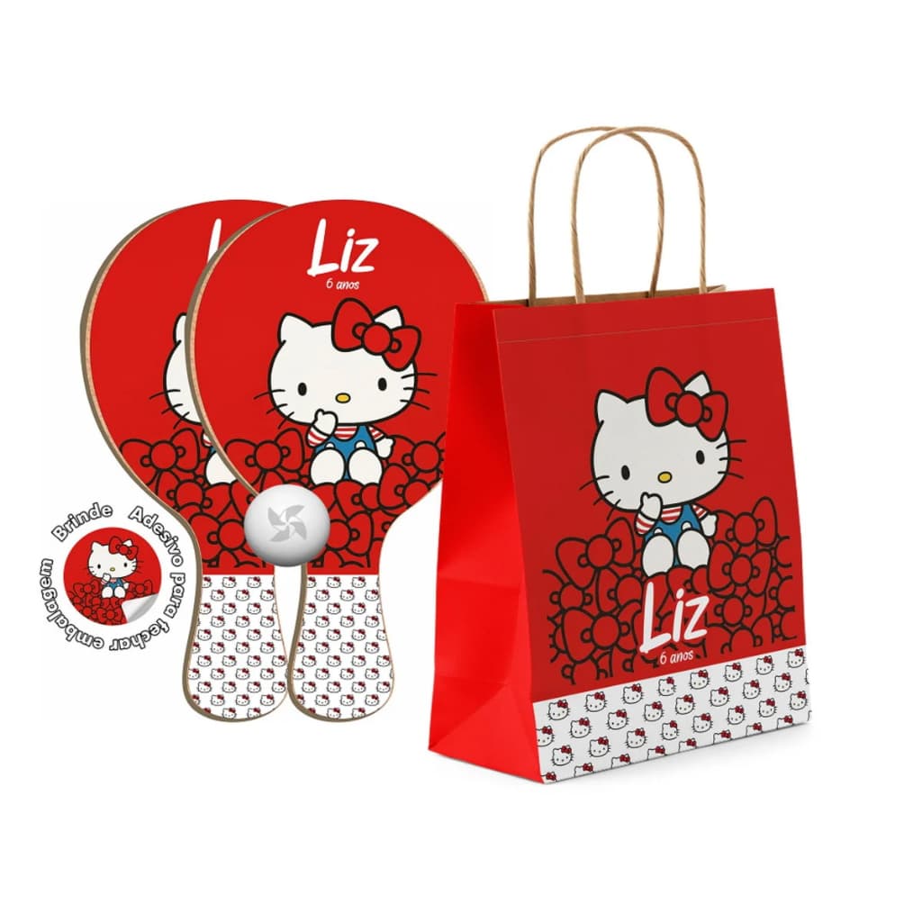 7/10/15/20/25 Kit Sacola de Papel e Raquete Ping Pong - Hello Kitty