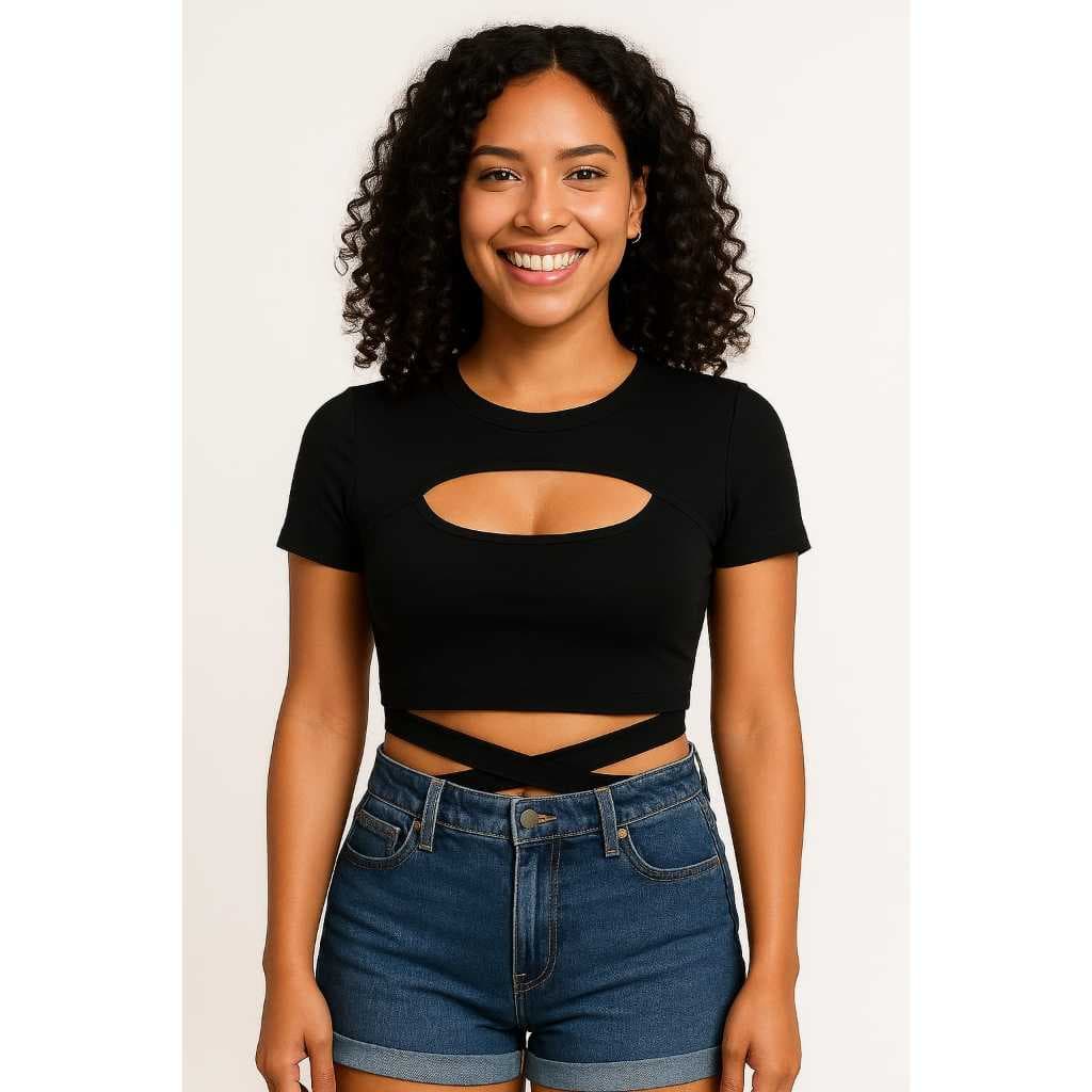 Cropped blusinha feminina malha suplex amaração ,blusinha cropped com manguinha,cropped preto feminino,abertura no busto
