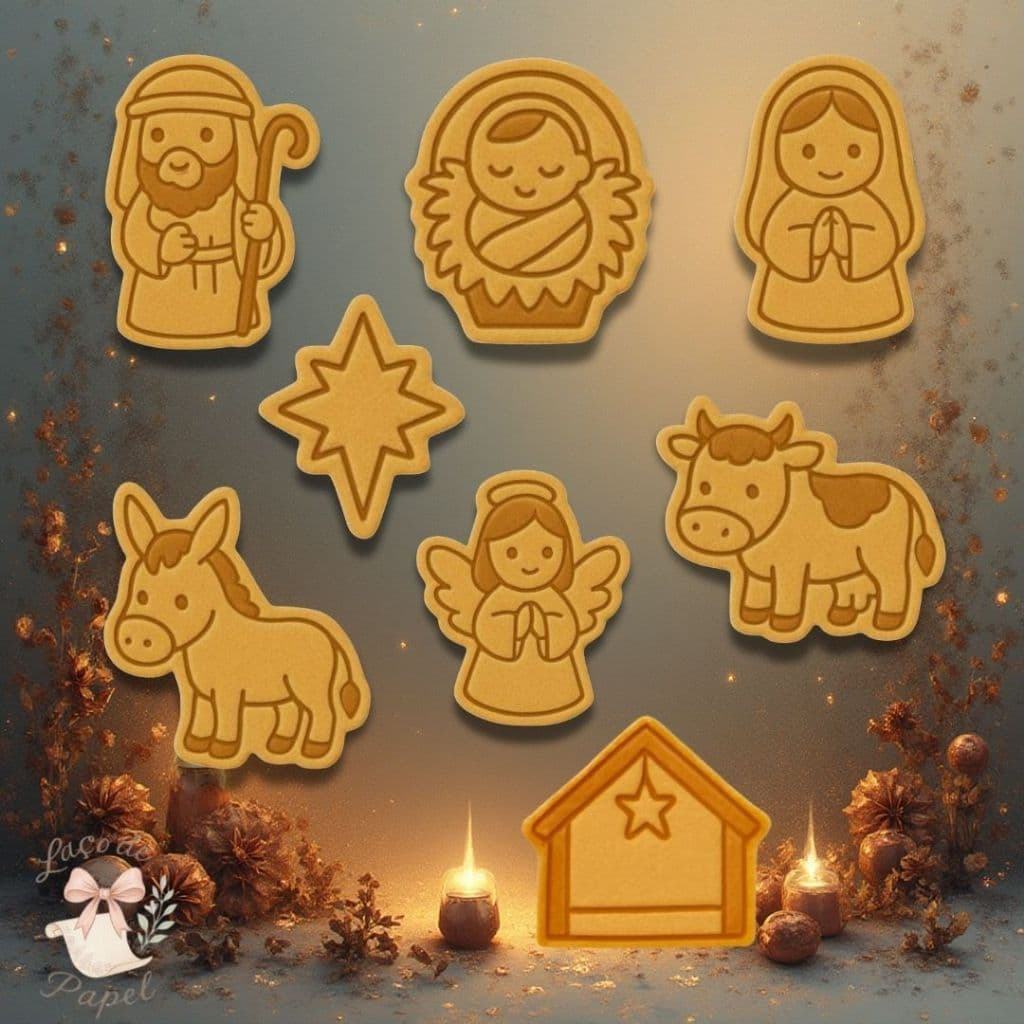 Kit com 8 Cortadores Moldes Natalinos Tema Manjedoura  para Biscoitos Biscuit Pasta Americana