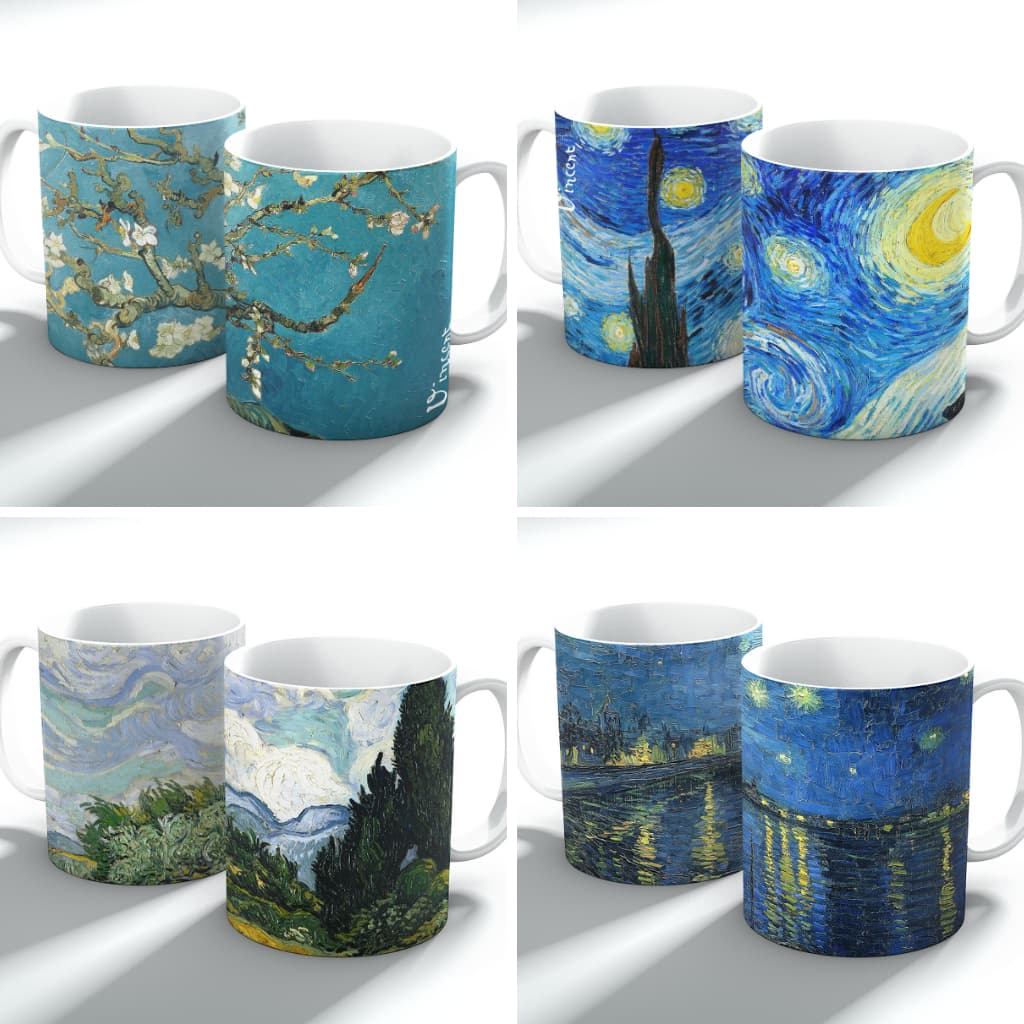 Caneca Van Gogh Amendoeira Noite Estrelada Cerâmica Personalizada Porcelana Xícara Presente
