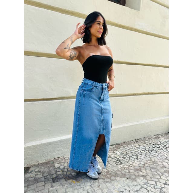 Saia Jeans Longa Feminina Com Fenda  Cintura Alta