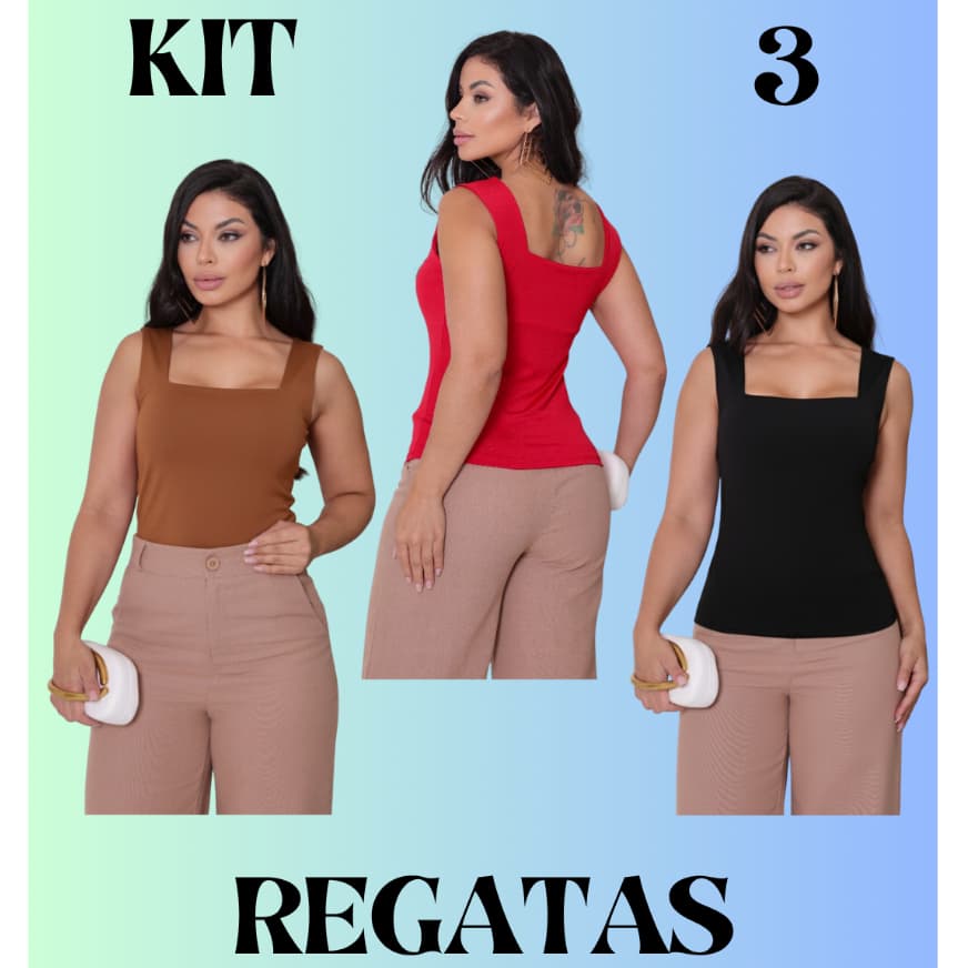 KIT 3 blusas femenina regata decote cuadrado reto suplex verao basica lisa tendencia bolqueira