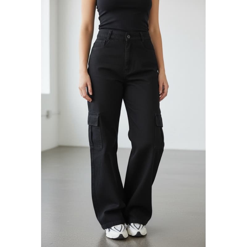 calça jeans cargo preta feminina empina bumbum super tendencia alta qualidade cintura alta cargo moderna