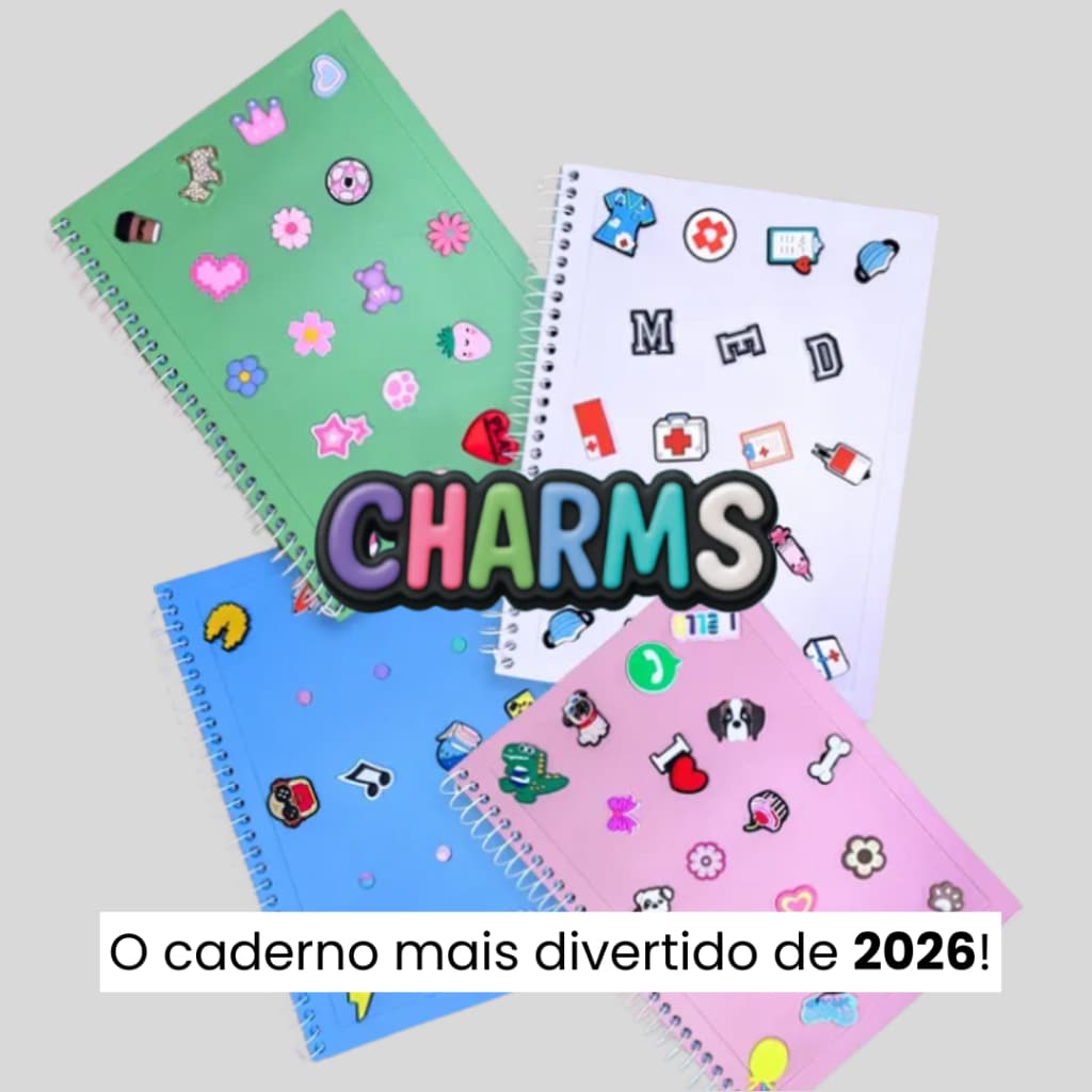 Caderno Charms 2026 | 1 Pin Incluso + Adesivos | 80 ou 160 Folhas | Capa EVA Personalizável