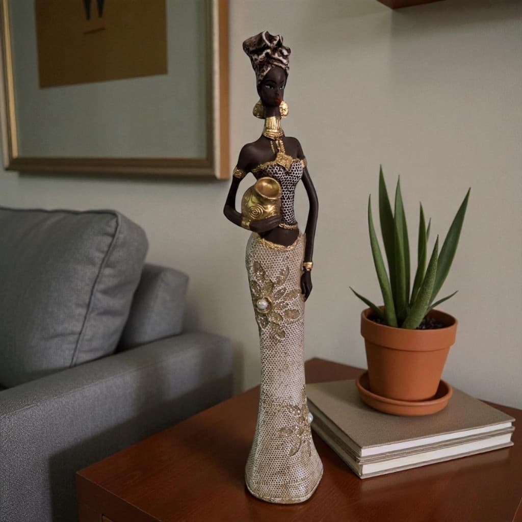 Estatueta decorativa africana saia glitter com pote, detalhe pedra, escultura em gesso alto relevo