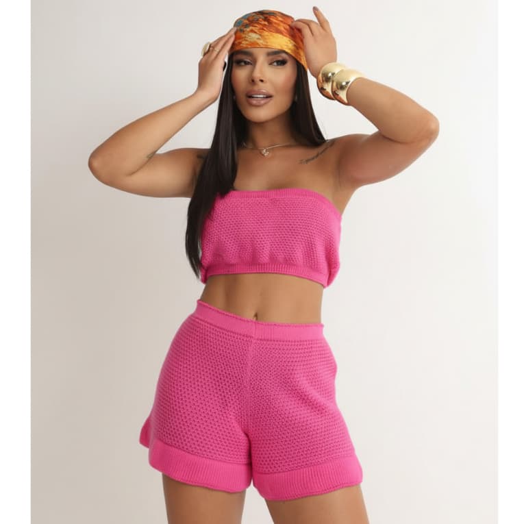 Saída de Praia Conjunto 2 peças mini curta Short Top Faixa Tricot ponto crochê detalhes Babado