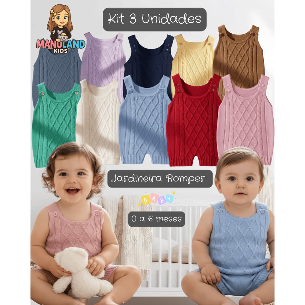 Kit 3 Peças Jardineira Romper Bebê Tricô Menino Menina 0 a 6 Meses Antialérgico Ajustável