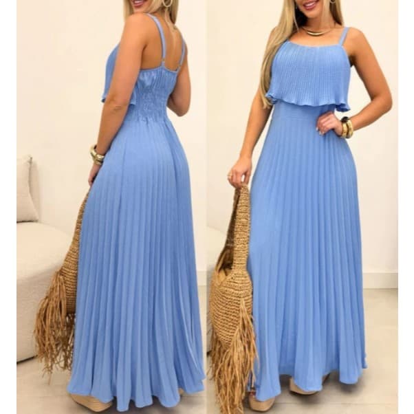 Vestido Longo Plissado Duna Alça Regulável e Elastex nas Costas