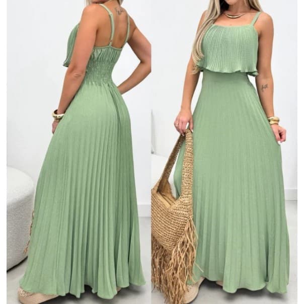 Vestido Longo Plissado Duna Alça Regulável e Elastex nas Costas