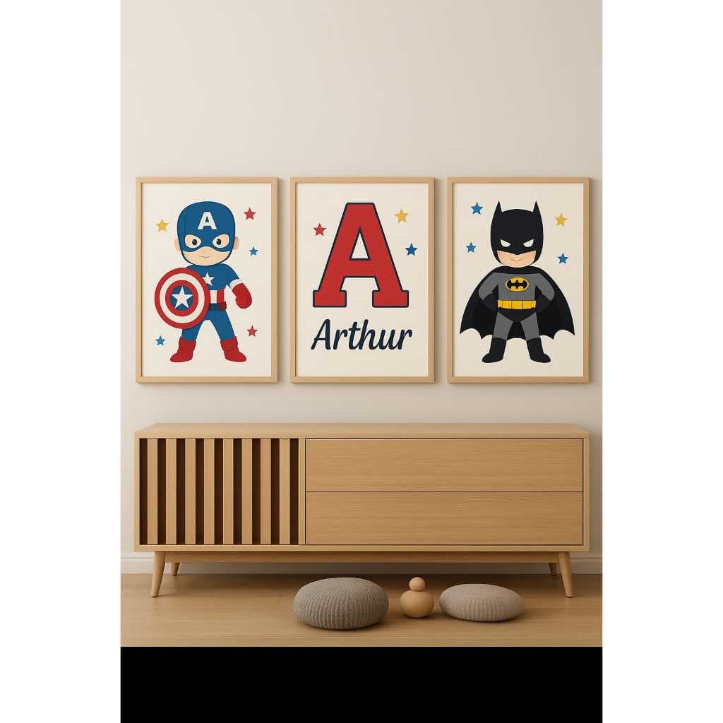 kit 3 peças Quadro decorativo super heróis menino personalizável com nome berçário quarto