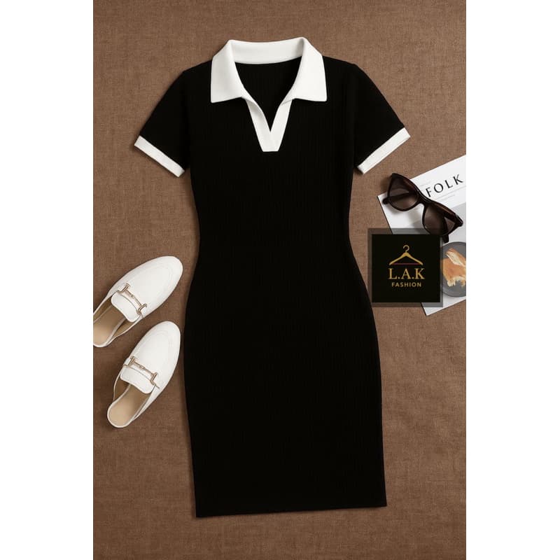 Vestido Gola Polo Feminino Bicolor Canelado Liso Casual