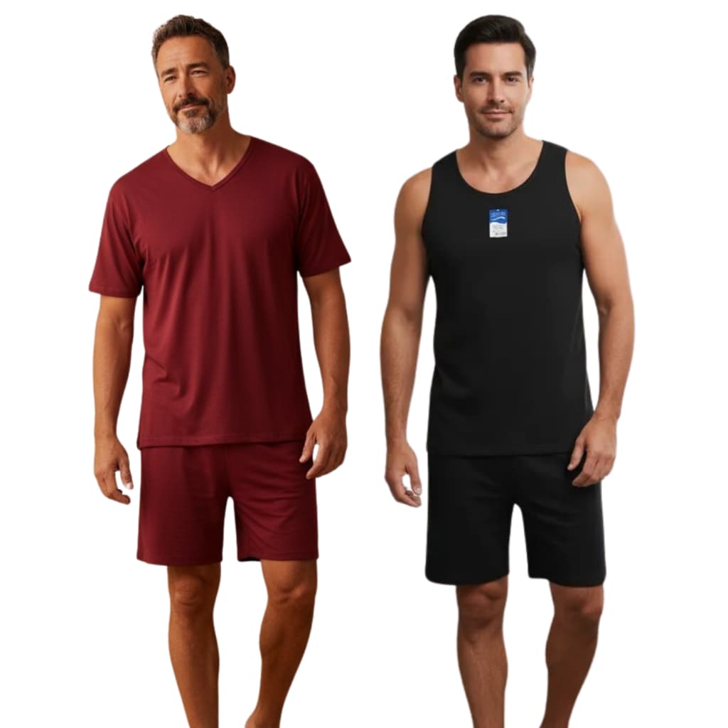 Pijama Masculino Adulto Curto Camiseta e Manga Curta Conjunto Verão Regata e Short Malha