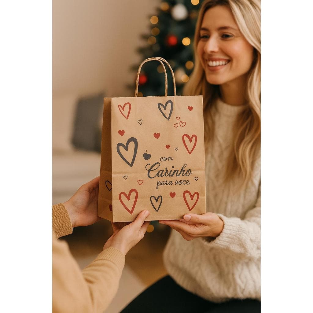 Sacola de Papel Kraft M (25x14x34) personalizada com carinho para você