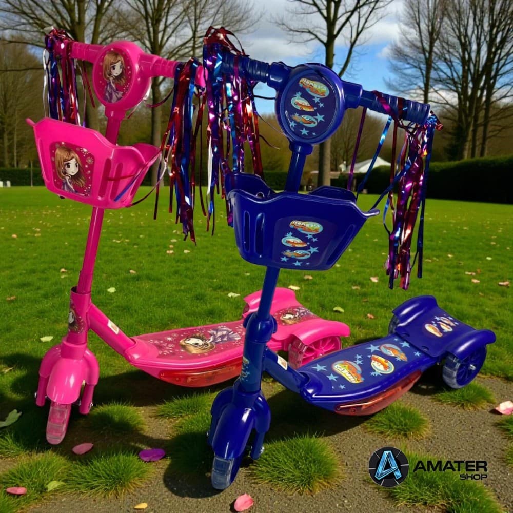 Patinete Infantil 3 Rodas Dobrável Com Luzes Som Cestinha Rosa e Azul Menino Menina Brinquedo