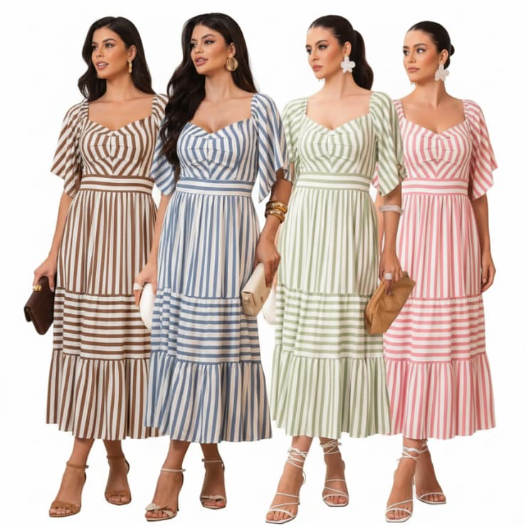 Vestido Midi Feminino Evangélico Viscolinho Listrado | Com Bojo e Forro de Qualidade