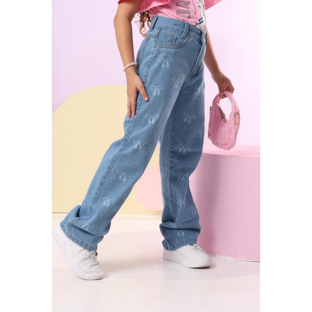Calça Wide Leg Laço Jeans Infantil Juvenil Menina Lacinho