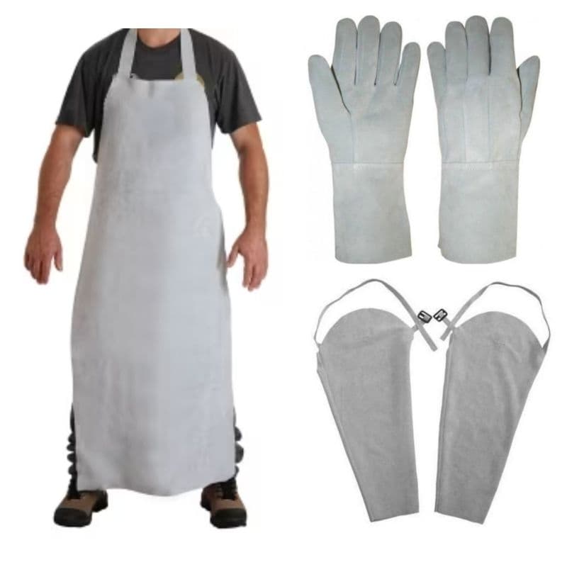 Kit soldador serralheiro, 1 avental de raspa couro 1,20x0,60 m, mangote, luva em mista 15 cm