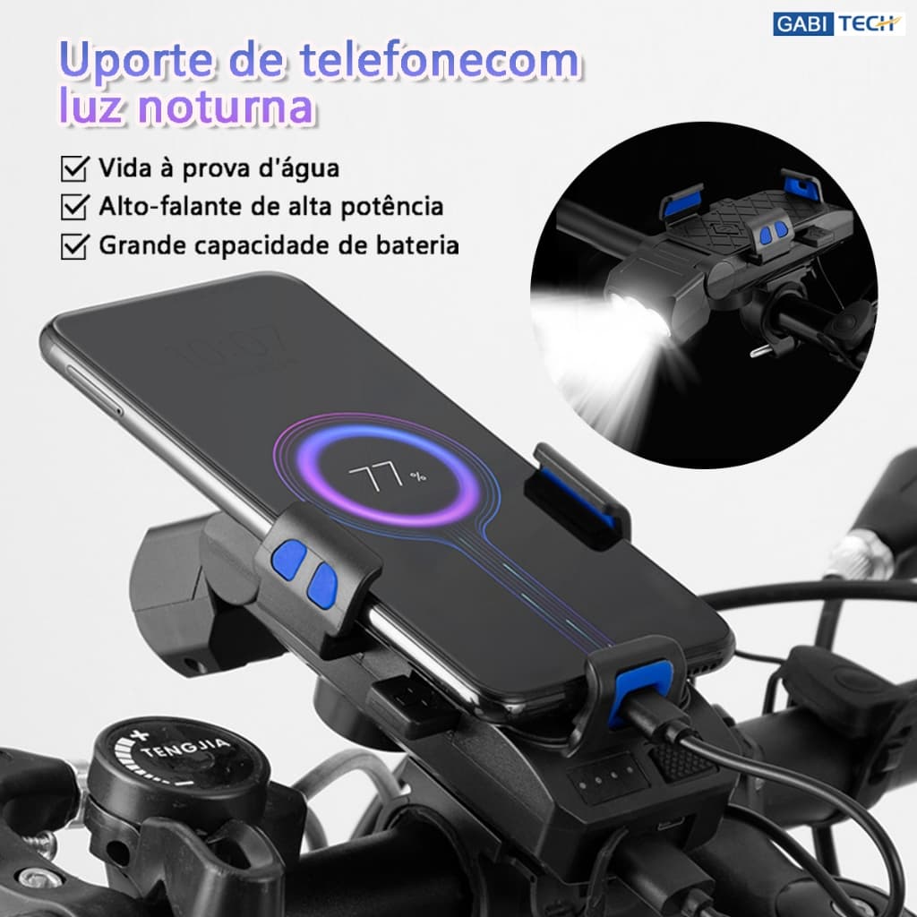 Kit Lanterna Bike Recarregável Com Buzina Suporte Para Celular Carregamento Reverso 4 Em 1 Multifuncional À Prova D'Água