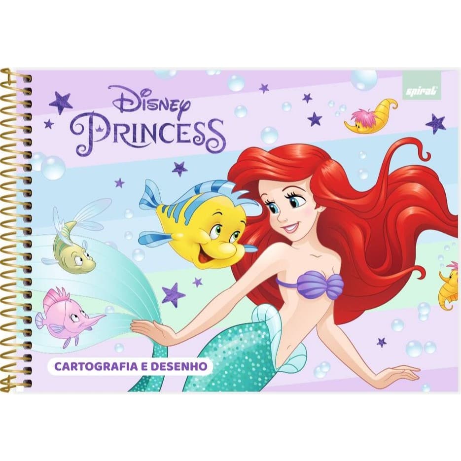 Caderno Cartografia e Desenho Capa Dura 48 Folhas, Princesas, A Pequena Sereia, Ariel