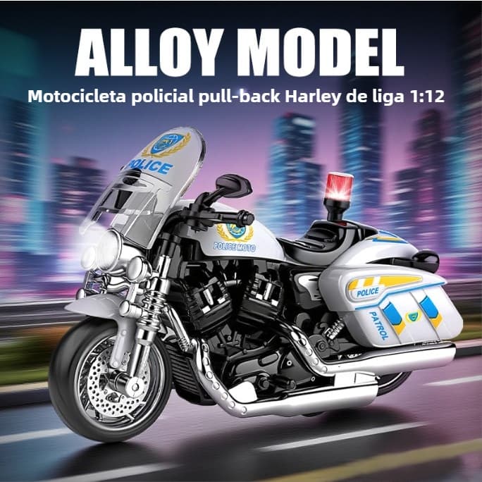 Modelo de Brinquedo de Motocicleta Policial Harley em Liga Metálica, Proporção 1:12 - Força de Retorno e Luzes Sonoras