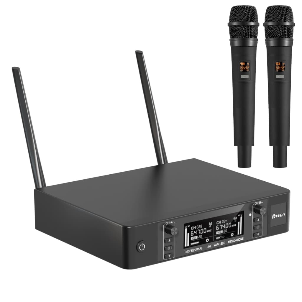 VEDO Sistema De Microfone Sem Fio Mic Dinâmicos Duplos 2x100UHF Frequencies Alcance 60m Para karaokê igreja 640-690 MHz