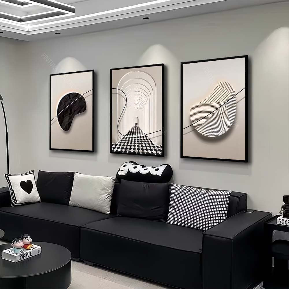 Quadro Decorativo 3 Peças Abstrata Moderna Preto E Branco Formas Geometricas Para Sala De Estar E Quarto