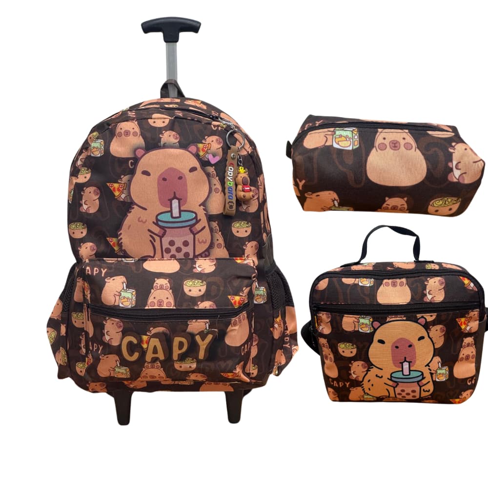 Kit  Mochila Capivara Marrom Rodinha Lancheira Térmica e Estojo +chaveiro de capivara aleatória