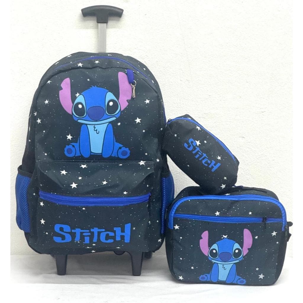 kit mochila lancheira e estojo rodinha infantil Lilo Stitch preto escolar tamanho g envio hoje