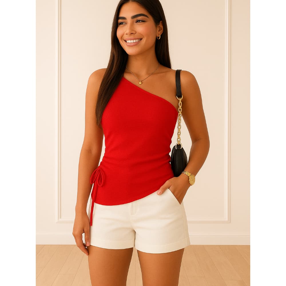 Blusa Feminina Elegante Um Ombro Só Assimétrica Tecido Canelado Premium Moda Casual Blusinha Natal