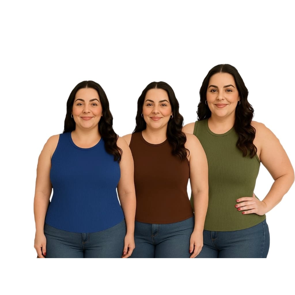 Kit 3 peças Blusas Regatas Feminina Plus Size alça larga em Ribana Toque Suave moderna De Alta Qualidade e Conforto